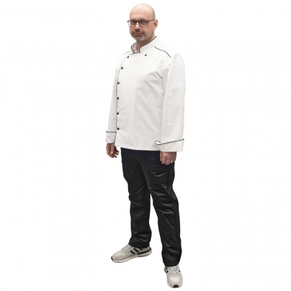 Куртка шеф-повара мужская белая на кнопках рукав длинный с отворотом черный кант [000024 р.50] ЛФ - интернет-магазин КленМаркет.ру